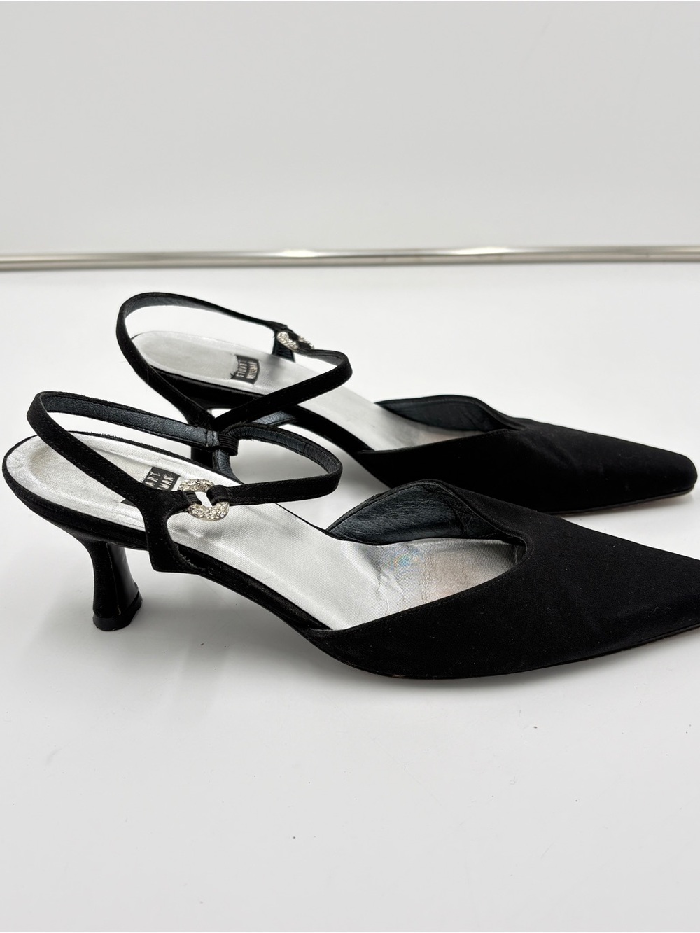 Vtg Stuart Weitzman Black Kitten Heel Mule Ankle Strap Crystal Dress Classic 6.5